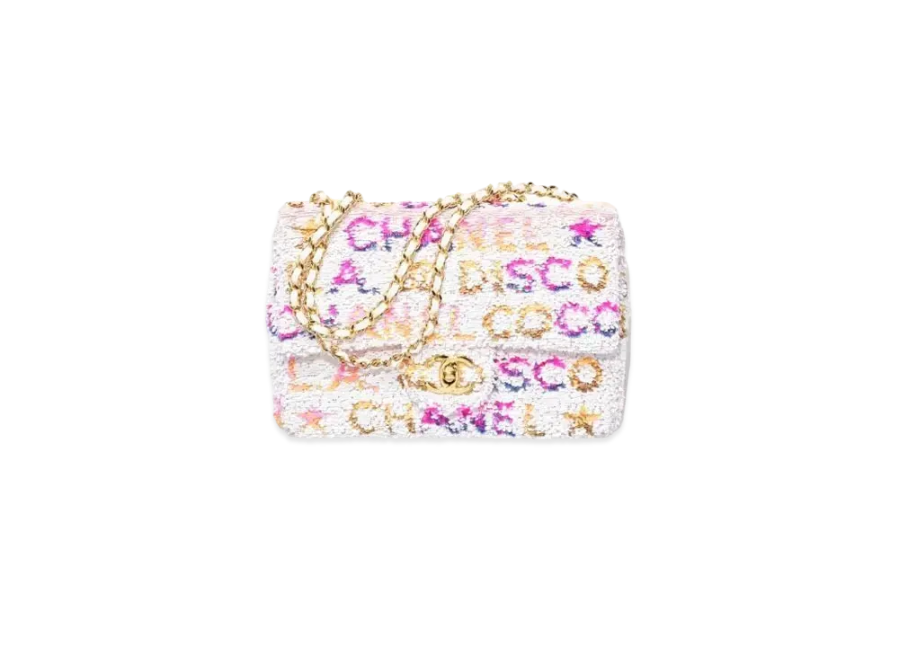 CHANEL Small Flap Bag Sequins & Gold Tone Metal "White/Yellow/Pink/Blue"