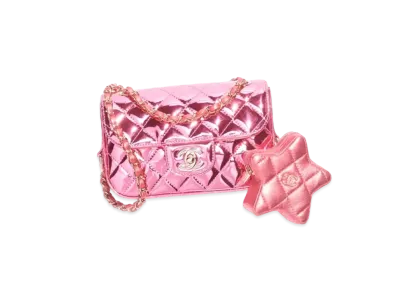 CHANEL Mini Flap Bag & Star Coin Purse Mirror Calfskin Metallic Calfskin & Gold Tone Metal "Pink"