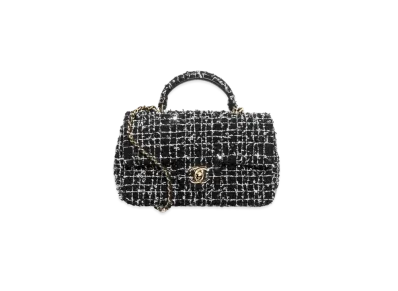 CHANEL Mini Flap Bag With Top Handle Sequin Embroidered Tweed & Gold Tone Metal "Black/White/Silver"