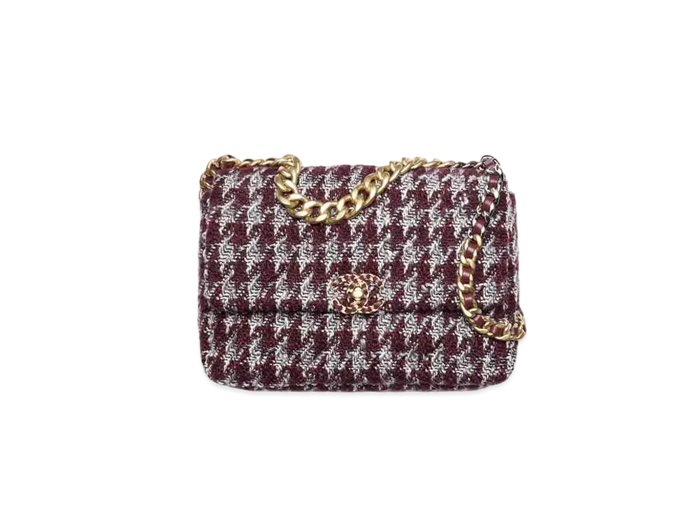 CHANEL 19 Large Handbag Wool Tweed Gold Tone Silver Tone & Ruthenium Finish Metal "Burgundy/Gray/Black"