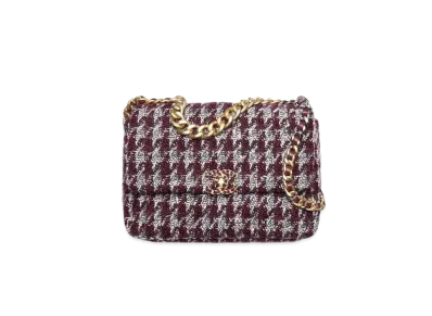 CHANEL 19 Large Handbag Wool Tweed Gold Tone Silver Tone & Ruthenium Finish Metal "Burgundy/Gray/Black"