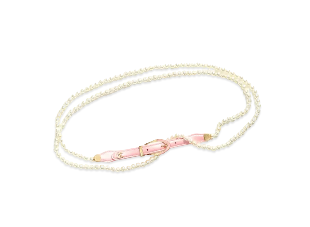 CHANEL Chain Belt Glass Pearls Lambskin & Metal "Light Pink/White"
