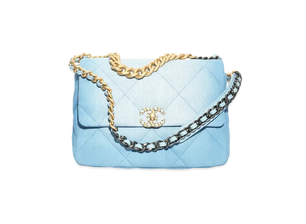 CHANEL 19 Large Handbag Denim Gold Tone Silver Tone & Ruthenium Finish Metal "Blue/Light Blue"
