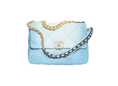CHANEL 19 Large Handbag Denim Gold Tone Silver Tone & Ruthenium Finish Metal "Blue/Light Blue"