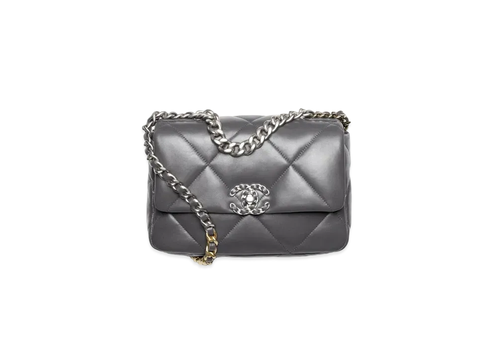 CHANEL 19 Handbag Shiny Lambskin Gold Tone Silver Tone & Ruthenium Finish Metal "Gray"