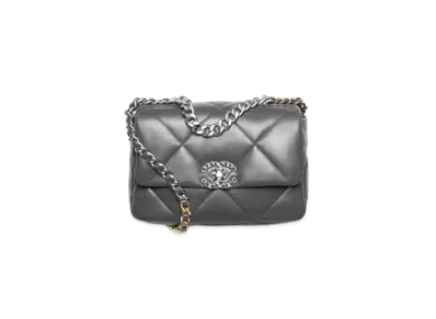 CHANEL 19 Handbag Shiny Lambskin Gold Tone Silver Tone & Ruthenium Finish Metal "Gray"