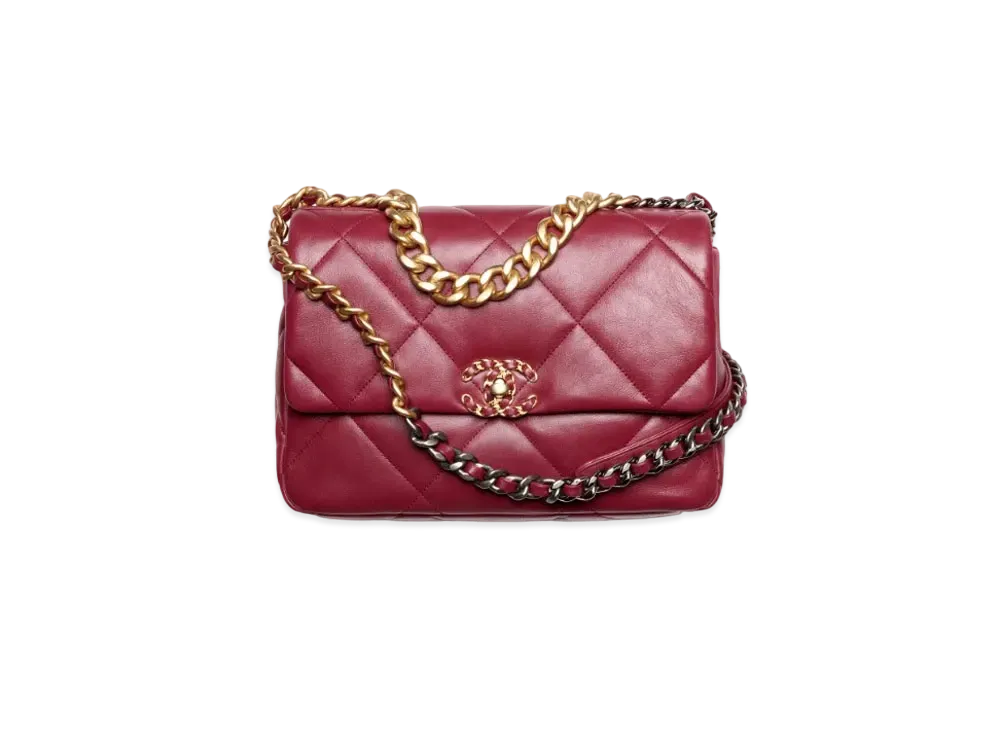 CHANEL 19 Large Handbag Shiny Lambskin Gold Tone Silver Tone & Ruthenium Finish Metal "Burgundy"