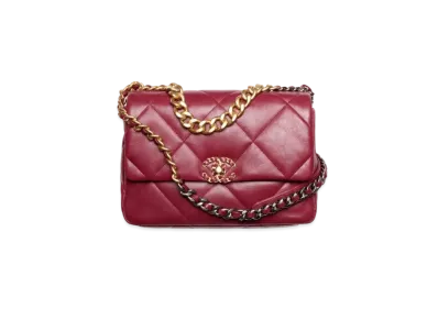 CHANEL 19 Large Handbag Shiny Lambskin Gold Tone Silver Tone & Ruthenium Finish Metal "Burgundy"