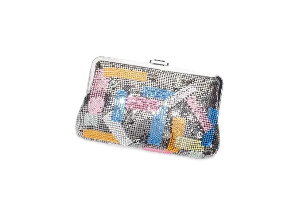 CHANEL Clutch Embroidered Metallic Mesh Imitation Pearls & Ruthenium Finish Metal "Silver/Gray"