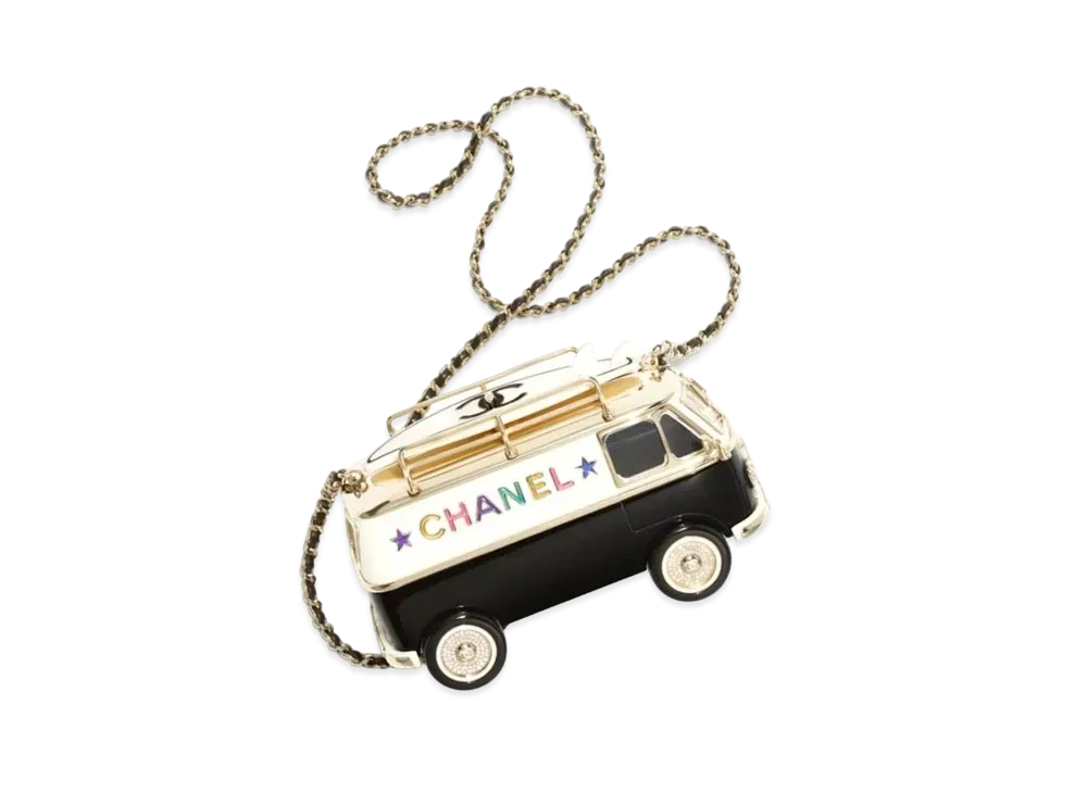 CHANEL Mini Van Minaudiere Plexi Enamel Strass & Gold Tone Metal "Black/White/Gold"