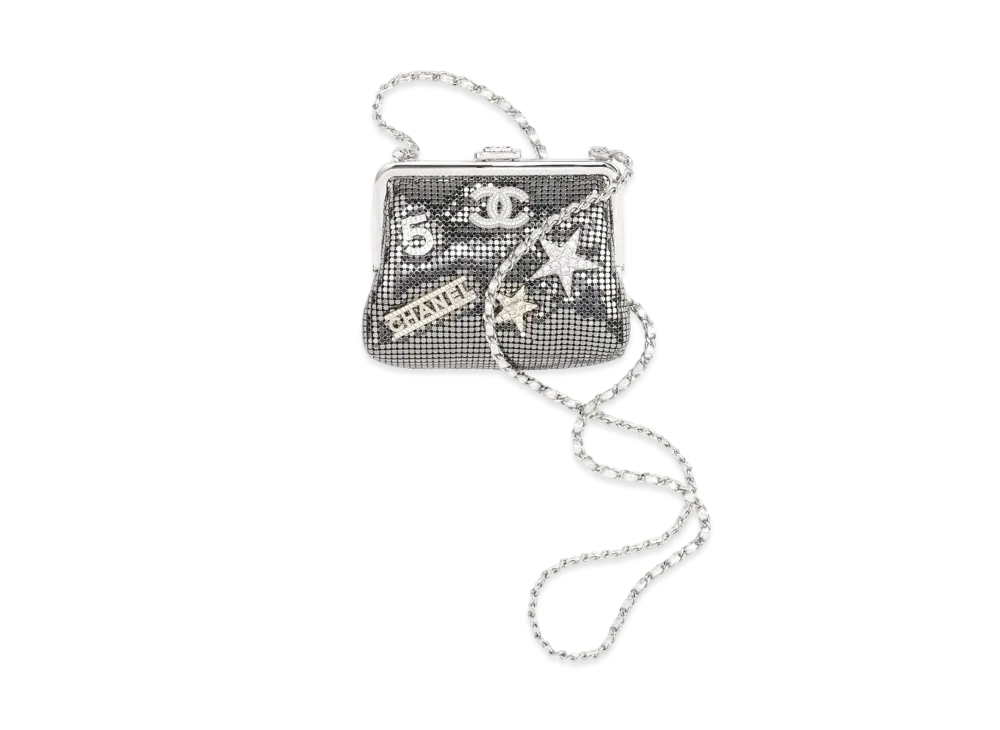 CHANEL Clutch With Chain Metallic Mesh Strass & Silver Tone Metal "Silver"