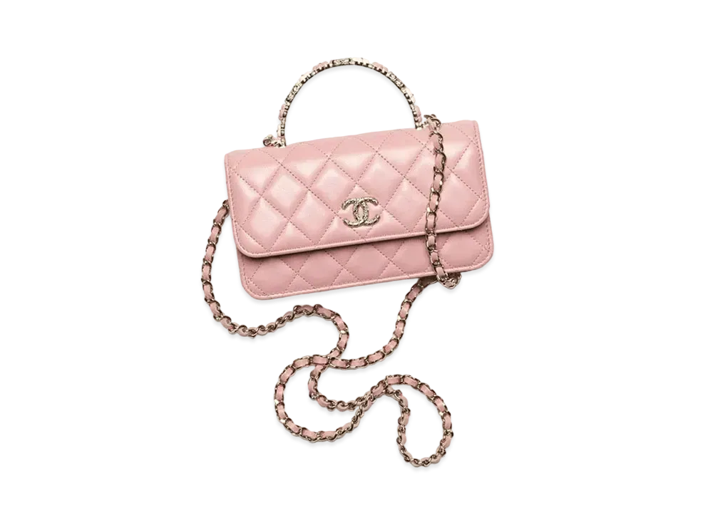 CHANEL Flap Phone Holder With Chain Lambskin Resin & Gold Tone Metal "Pink"