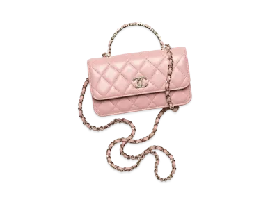 CHANEL Flap Phone Holder With Chain Lambskin Resin & Gold Tone Metal "Pink"