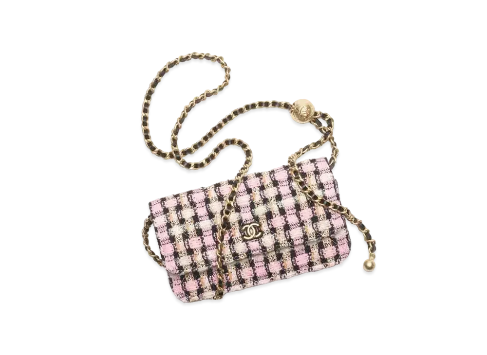CHANEL Flap Phone Holder With Chain Wool Tweed & Gold Tone Metal "Multicolor"