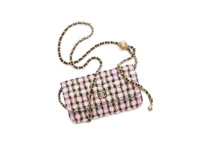 CHANEL Flap Phone Holder With Chain Wool Tweed & Gold Tone Metal "Multicolor"