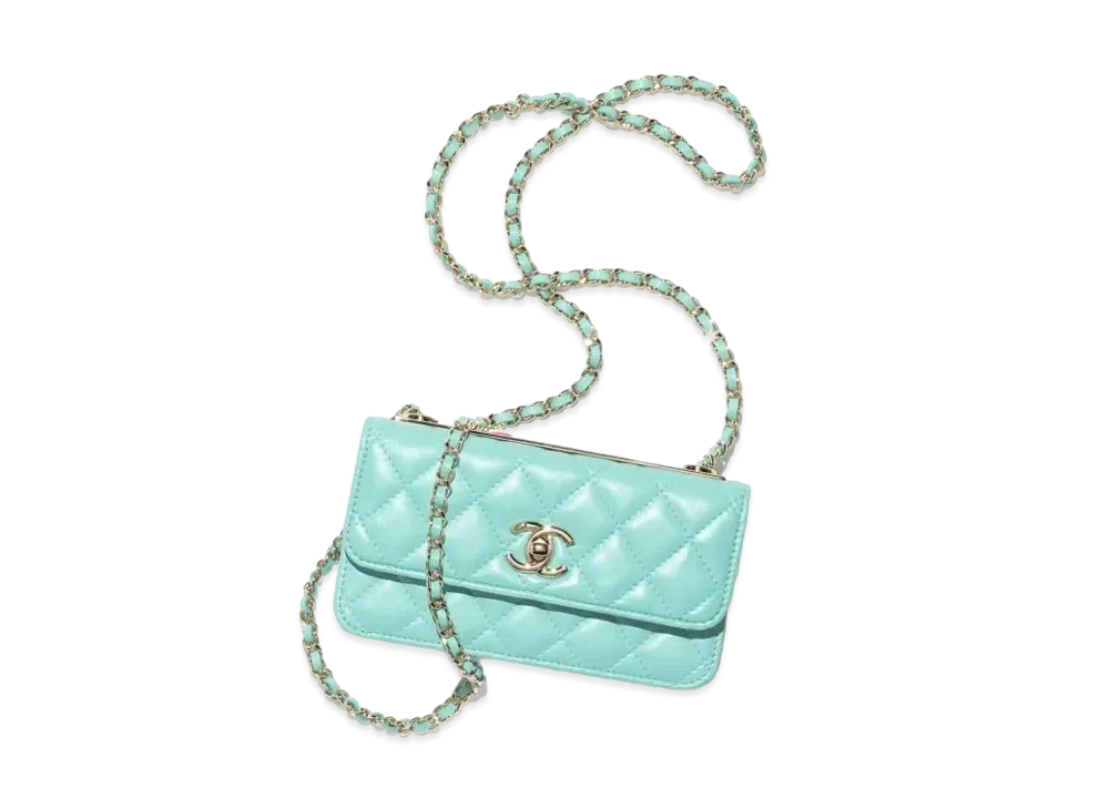 CHANEL Flap Phone Holder With Chain Lambskin Gold Tone & Lacquered Metal "Turquoise"