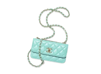 CHANEL Flap Phone Holder With Chain Lambskin Gold Tone & Lacquered Metal "Turquoise"