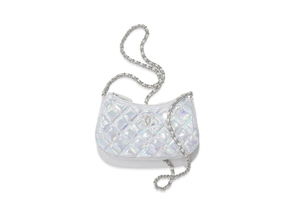 CHANEL Clutch With Chain Iridescent Mirror Goatskin & Silver Tone Metal "Silver"