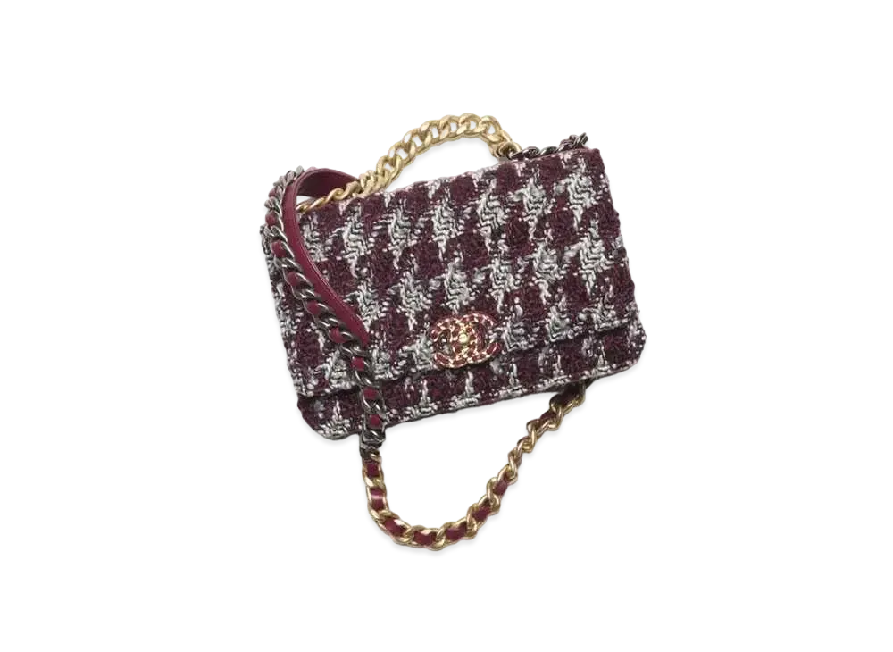 CHANEL 19 Wallet On Chain Wool Tweed Gold Tone Silver Tone & Ruthenium Finish Metal "Burgundy/Gray/Black"