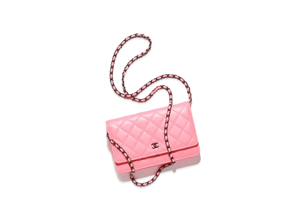 CHANEL Classic Wallet On Chain Lambskin & Black Metal "Coral Pink"