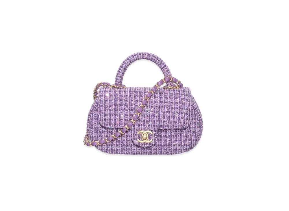 CHANEL Small Bag With Top Handle Tweed Sequins & Gold Tone Metal "Purple/Silver"