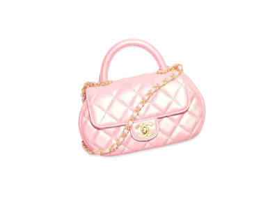 CHANEL Small Bag With Top Handle Pearly Lambskin & Gold Tone Metal "Coral Pink"