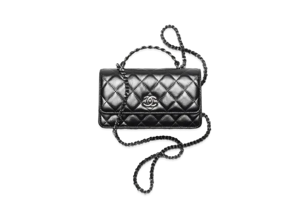 CHANEL Clutch With Chain Shiny Crumpled Calfskin Strass Ruthenium Finish Metal "Black"