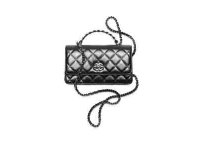 CHANEL Clutch With Chain Shiny Crumpled Calfskin Strass Ruthenium Finish Metal "Black"