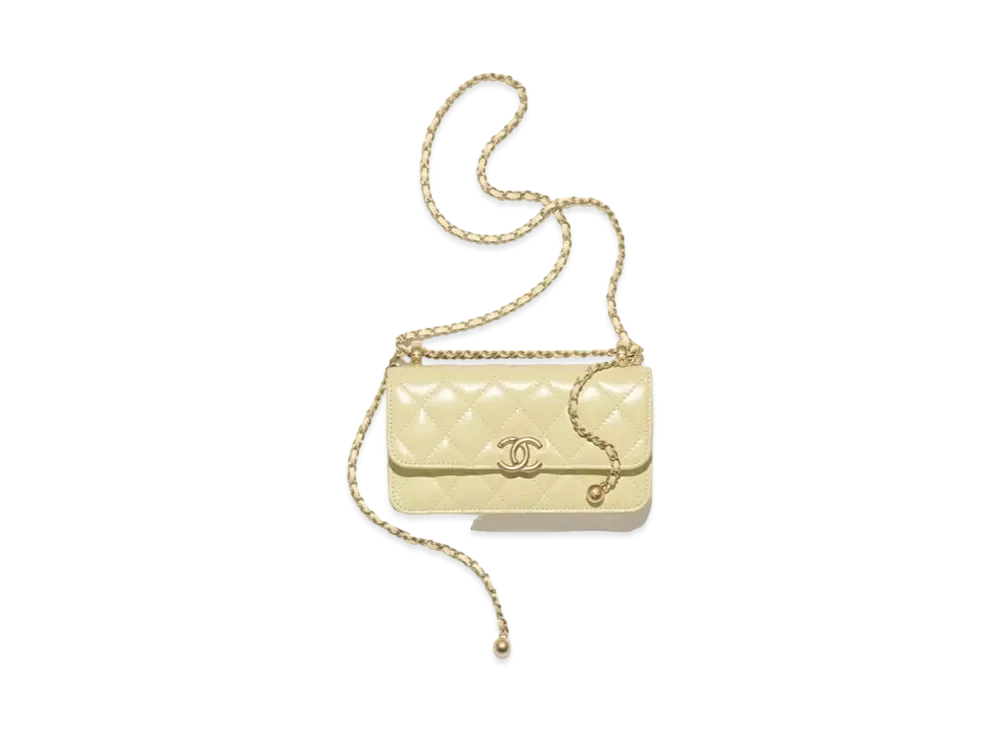 CHANEL Flap Phone Holder With Chain Shiny Calfskin & Gold Tone Metal "Yellow"