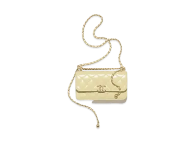 CHANEL Flap Phone Holder With Chain Shiny Calfskin & Gold Tone Metal "Yellow"