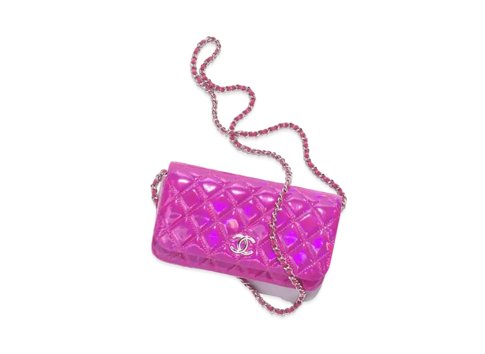 CHANEL Clutch With Chain Iridescent Mirror Goatskin & Silver Tone Metal "Fuchsia"