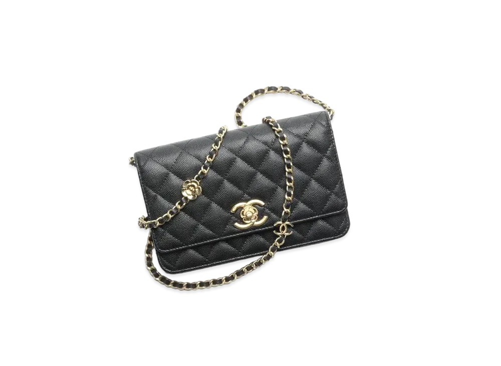 CHANEL Wallet On Chain Grained Shiny Calfskin Gold Tone Metal "Black"