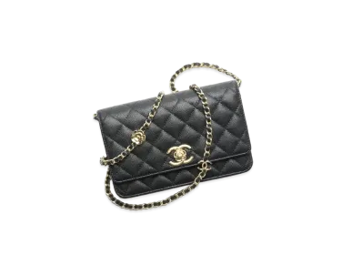 CHANEL Wallet On Chain Grained Shiny Calfskin Gold Tone Metal "Black"
