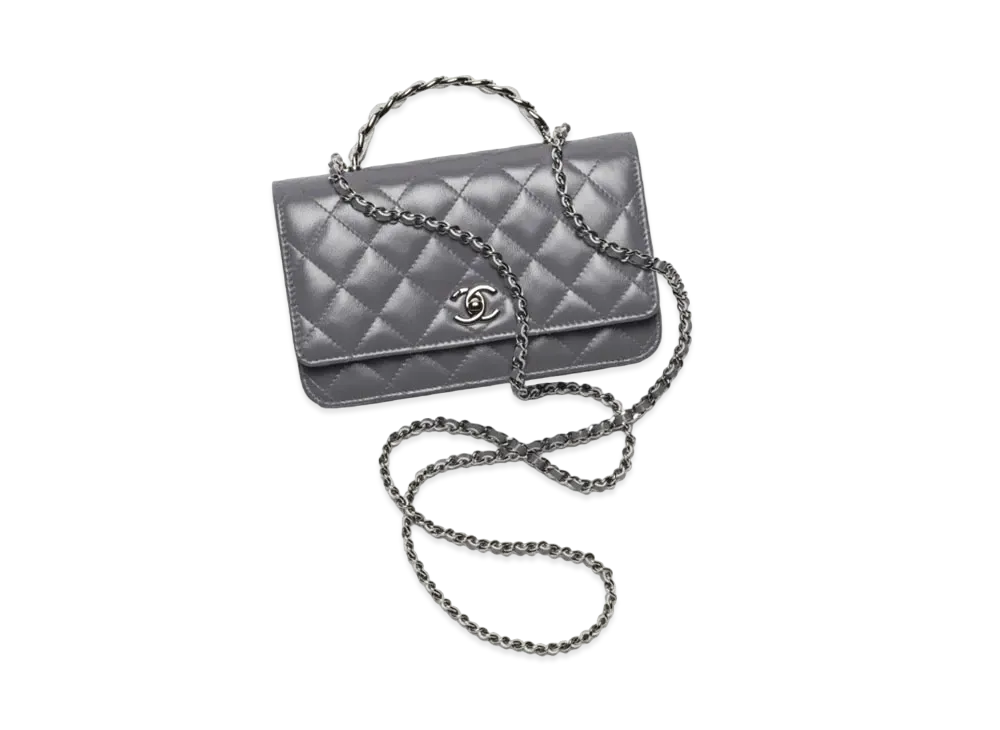 CHANEL Wallet On Chain Shiny Crumpled Calfskin Strass & Ruthenium Finish Metal "Gray"