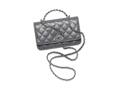 CHANEL Wallet On Chain Shiny Crumpled Calfskin Strass & Ruthenium Finish Metal "Gray"