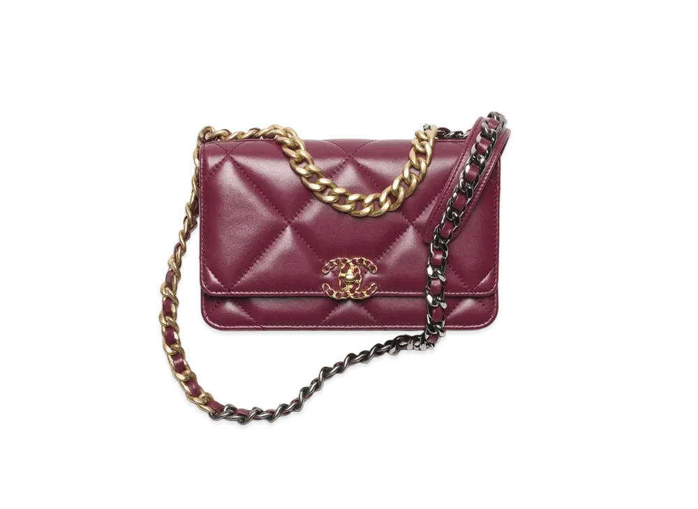 CHANEL 19 Wallet On Chain Shiny Lambskin Gold Tone Silver Tone & Ruthenium Finish Metal "Burgundy"