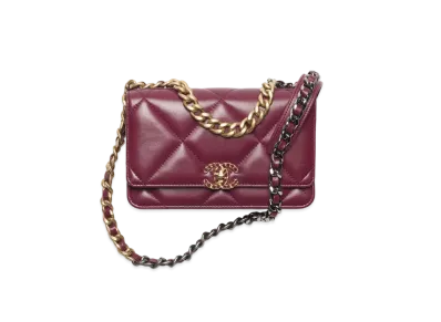 CHANEL 19 Wallet On Chain Shiny Lambskin Gold Tone Silver Tone & Ruthenium Finish Metal "Burgundy"