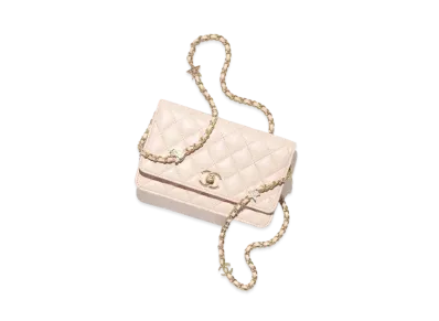 CHANEL Wallet On Chain Shiny Grained Calfskin Enamel Strass & Gold Tone Metal "Pink"
