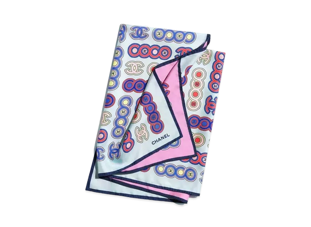 CHANEL Square Scarf Silk Twill "Light Blue/Pink"