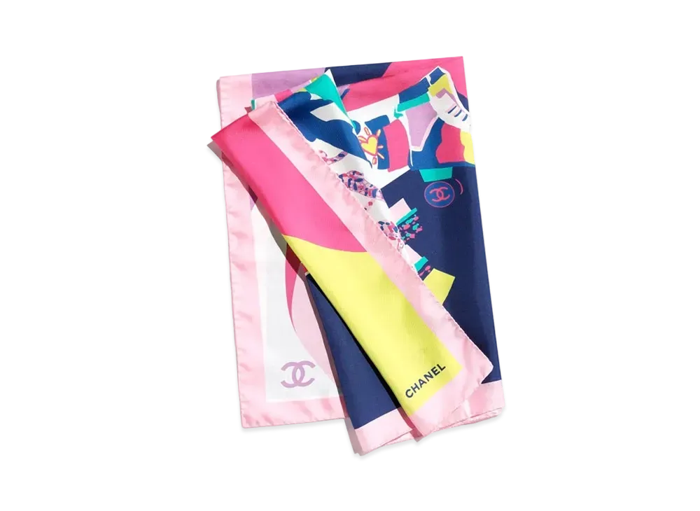 CHANEL Square Scarf Silk Twill "Dark Blue/Light Green/Pink"