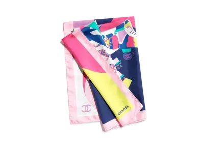 CHANEL Square Scarf Silk Twill "Dark Blue/Light Green/Pink"