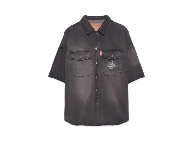 9090 King Logo Vintage Denim S/S Shirt "Dark Brown"