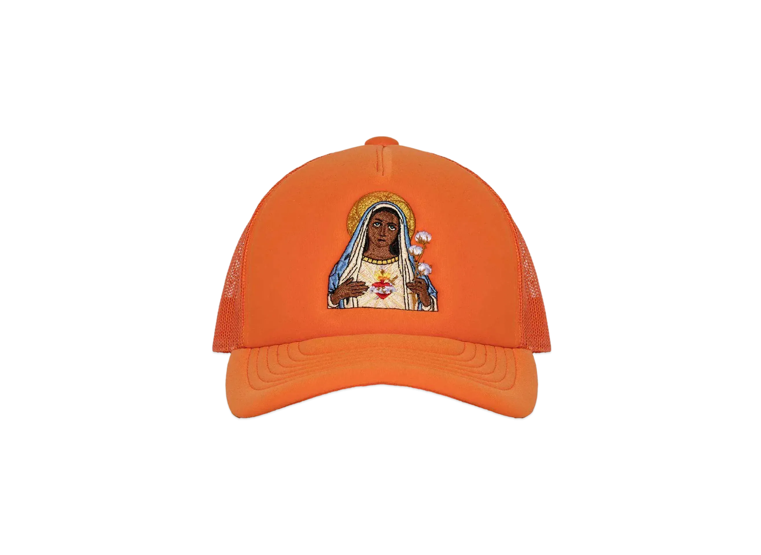 DENIM TEARS Black Madonna Trucker Hat "Orange"
