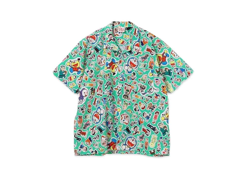 MANGART BEAMS x Fujiko F. Fujio Character Sticker Print Open Collar Shirt "Light Green"