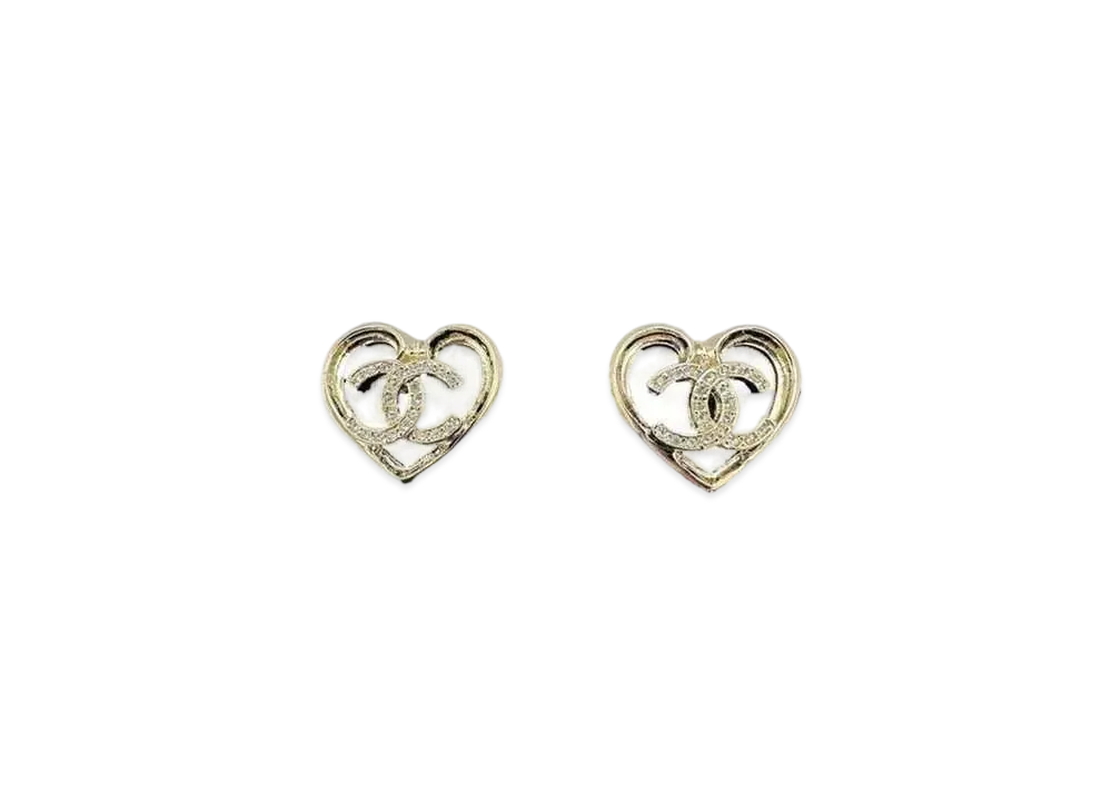 CHANEL CC Logo Crystal Heart Stud Earrings "Light Gold"
