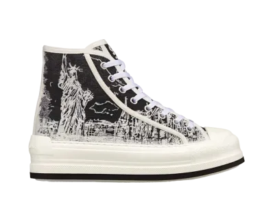 Dior Women's Walk'n'Dior High-Top Platform Sneaker Cotton Embroidered with New York Motif "Black/White"