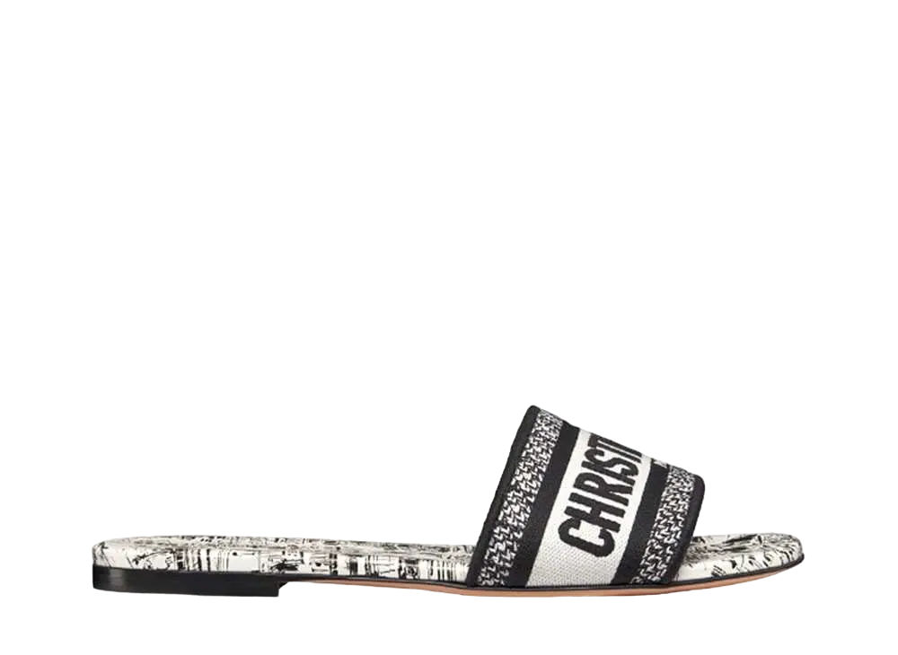 Dior Women's Dway Slide Cotton Embroidered with Paris Allover Motif "White/Black"