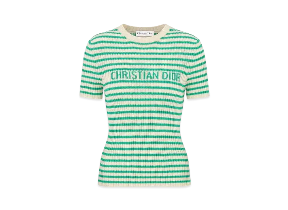 Dior Women's Dioriviera Short-Sleeved Sweater Cotton Ribbed Knit with Dior Mariniere Motif "White/Aquamarina"