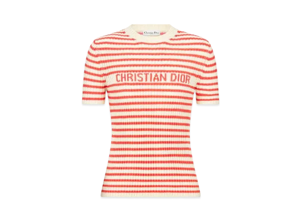 Dior Women's Dioriviera Short-Sleeved Sweater Cotton Ribbed Knit with Dior Mariniere Motif "White/Coral"