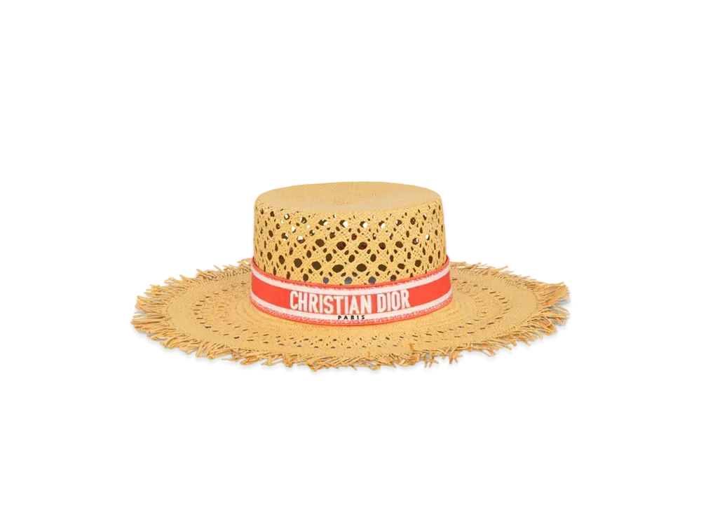 Dior Dioriviera Naughtily-D Small Brim Hat Straw with Embroidered Band "Coral/White"